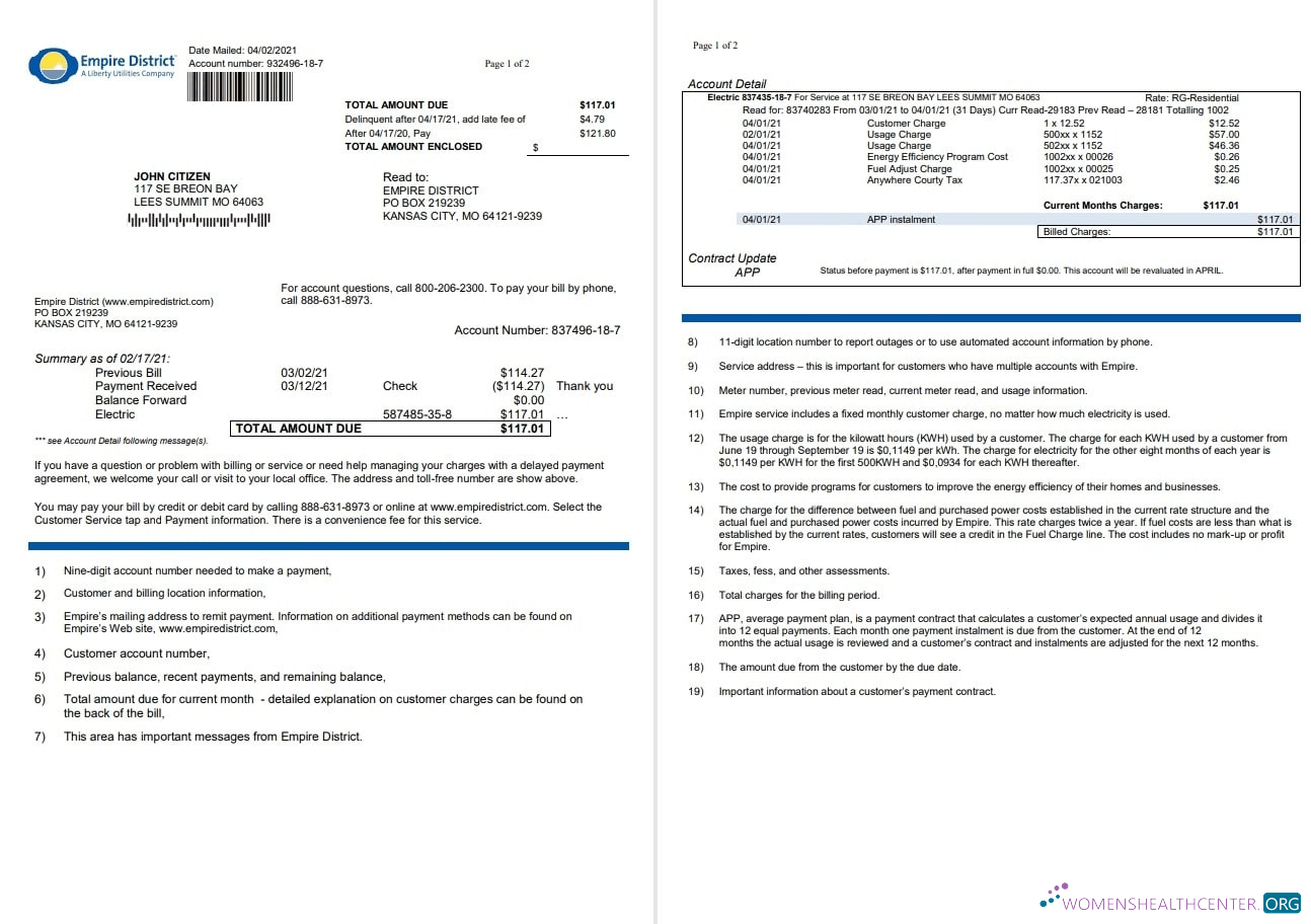download USA Empire District Electric Company utility bill template in Word and PDF format (2 pages) PDF template